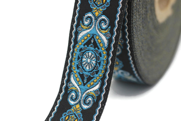 25 mm Blue&Black Jacquard trims (0.98 inches), jacquard ribbon, Decorative Craft Ribbon, Sewing trim, woven trim, embroidered ribbon, 25950