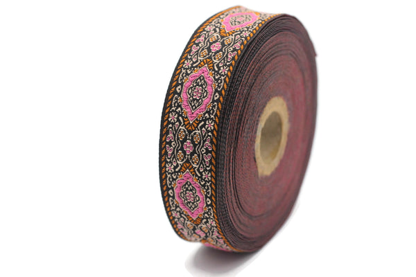 25 mm Pink Medieval Motive Woven Border (0.98 inches), jacquard ribbon, Embroidered ribbon, Sewing trim, Scroll Jacquard trim, 25589