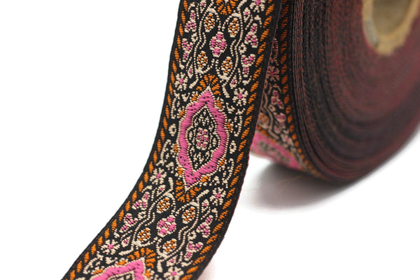 25 mm Pink Medieval Motive Woven Border (0.98 inches), jacquard ribbon, Embroidered ribbon, Sewing trim, Scroll Jacquard trim, 25589