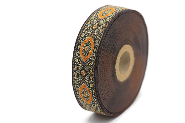 25 mm orange Medieval Motive Woven Border (0.98 inches), jacquard ribbon, Embroidered ribbon, Sewing trim, Scroll Jacquard trim, 25589