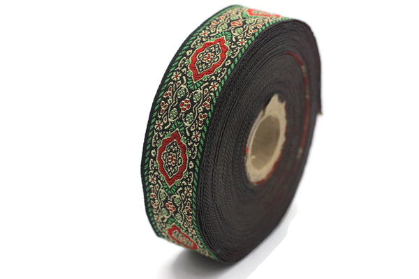 25 mm Green Medieval Motive Woven Border (0.98 inches), jacquard ribbon, Embroidered ribbon, Sewing trim, Scroll Jacquard trim, 25589