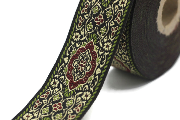 35 mm Light Green Medieval Motive Woven Border (1.37 inches), jacquard ribbon, Embroidered ribbon, Sewing trim, Scroll Jacquard trim, 35589