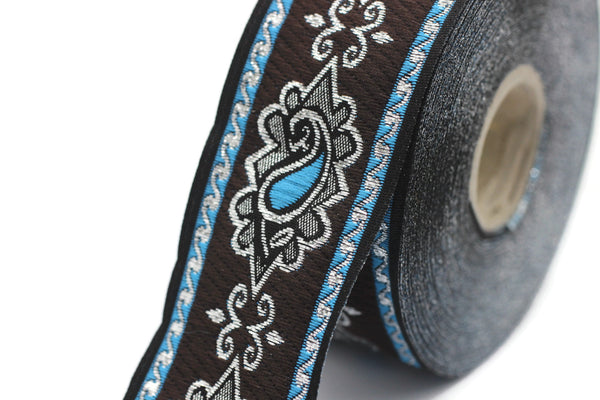 35 mm Blue/Brown medieval Motive ribbon (1.37 inches), renaissance trim, otantic ribbon, jacquard ribbons, fabric ribbon, trim, 35907