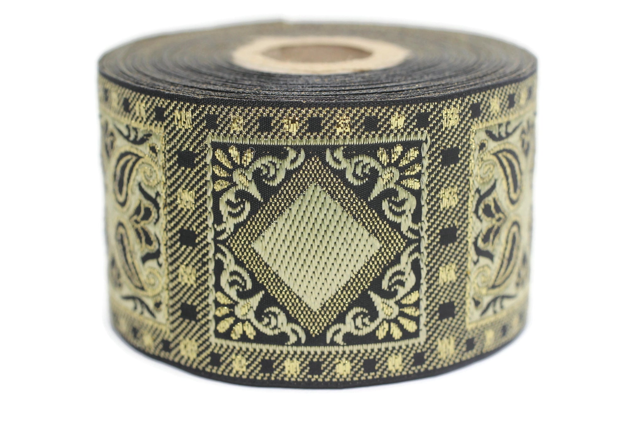 50 mm Yellow Geometric Jacquard trim (1.96 inches), vintage Ribbon, Decorative Craft Ribbon, Sewing, Jacquard ribbon, Trim, 50587