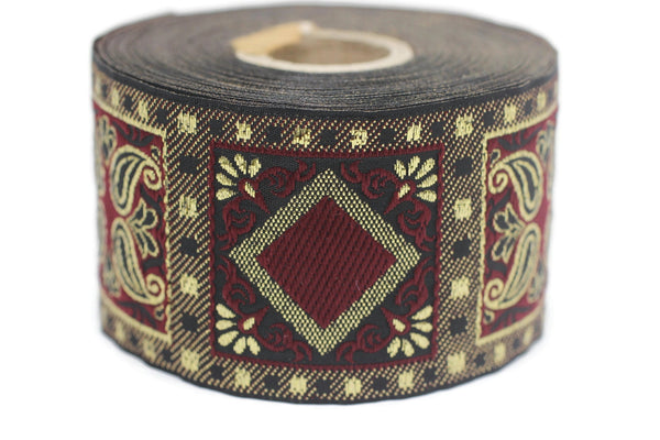 50 mm Red/Yellow Geometric Jacquard trim (1.96 inches), vintage Ribbon, Decorative Craft Ribbon, Sewing, Jacquard ribbon, Trim, 50587