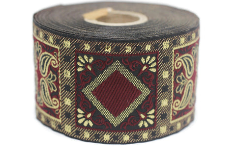 50 mm Red/Yellow Geometric Jacquard trim (1.96 inches), vintage Ribbon, Decorative Craft Ribbon, Sewing, Jacquard ribbon, Trim, 50587