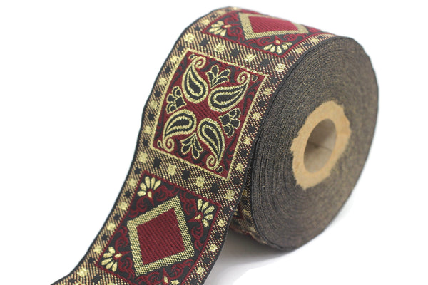 50 mm Red/Yellow Geometric Jacquard trim (1.96 inches), vintage Ribbon, Decorative Craft Ribbon, Sewing, Jacquard ribbon, Trim, 50587