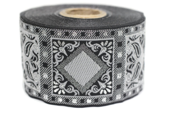 50 mm Grey Geometric Jacquard trim (1.96 inches), vintage Ribbon, Decorative Craft Ribbon, Sewing, Jacquard ribbon, Trim, 50587