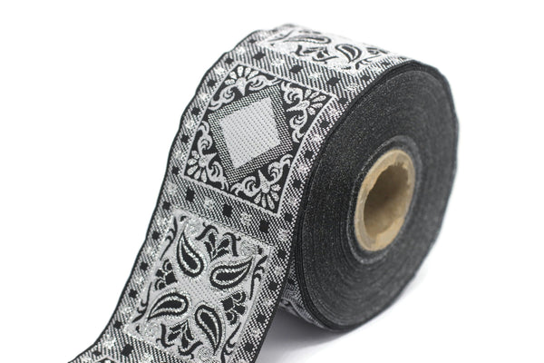 50 mm Grey Geometric Jacquard trim (1.96 inches), vintage Ribbon, Decorative Craft Ribbon, Sewing, Jacquard ribbon, Trim, 50587
