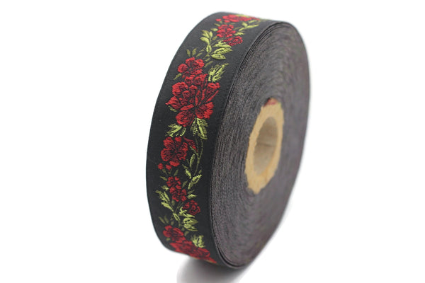 25 mm Red / Black Floral Jacquard trim (0.98 inches, vintage Ribbon, Decorative Craft Ribbon, Floral Jacquard Ribbon Trim, ribbon, 25096