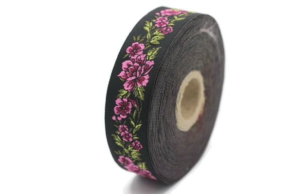 25 mm Pink / Black Floral Jacquard trim (0.98 inches, vintage Ribbon, Decorative Craft Ribbon, Floral Jacquard Ribbon, Trim, 25096