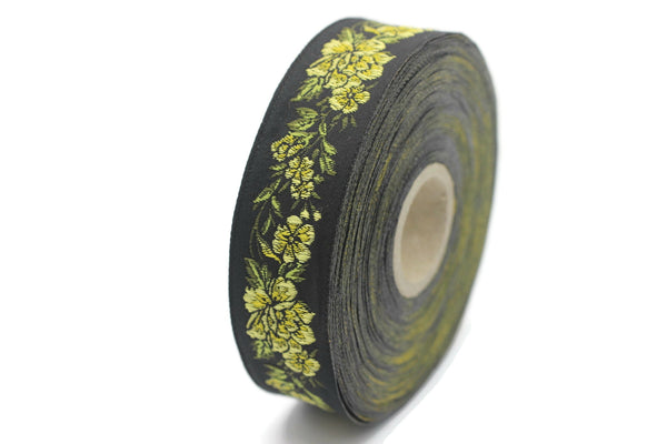 25 mm Yellow / Black Floral Jacquard trim (0.98 inches), vintage Ribbon, Decorative Craft Ribbon, Floral Jacquard Ribbon, Trim, 25096