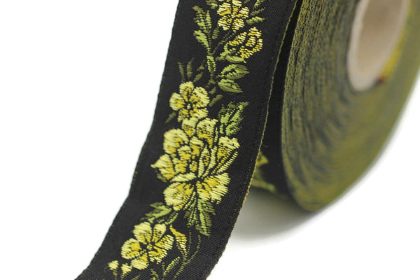 25 mm Yellow / Black Floral Jacquard trim (0.98 inches), vintage Ribbon, Decorative Craft Ribbon, Floral Jacquard Ribbon, Trim, 25096