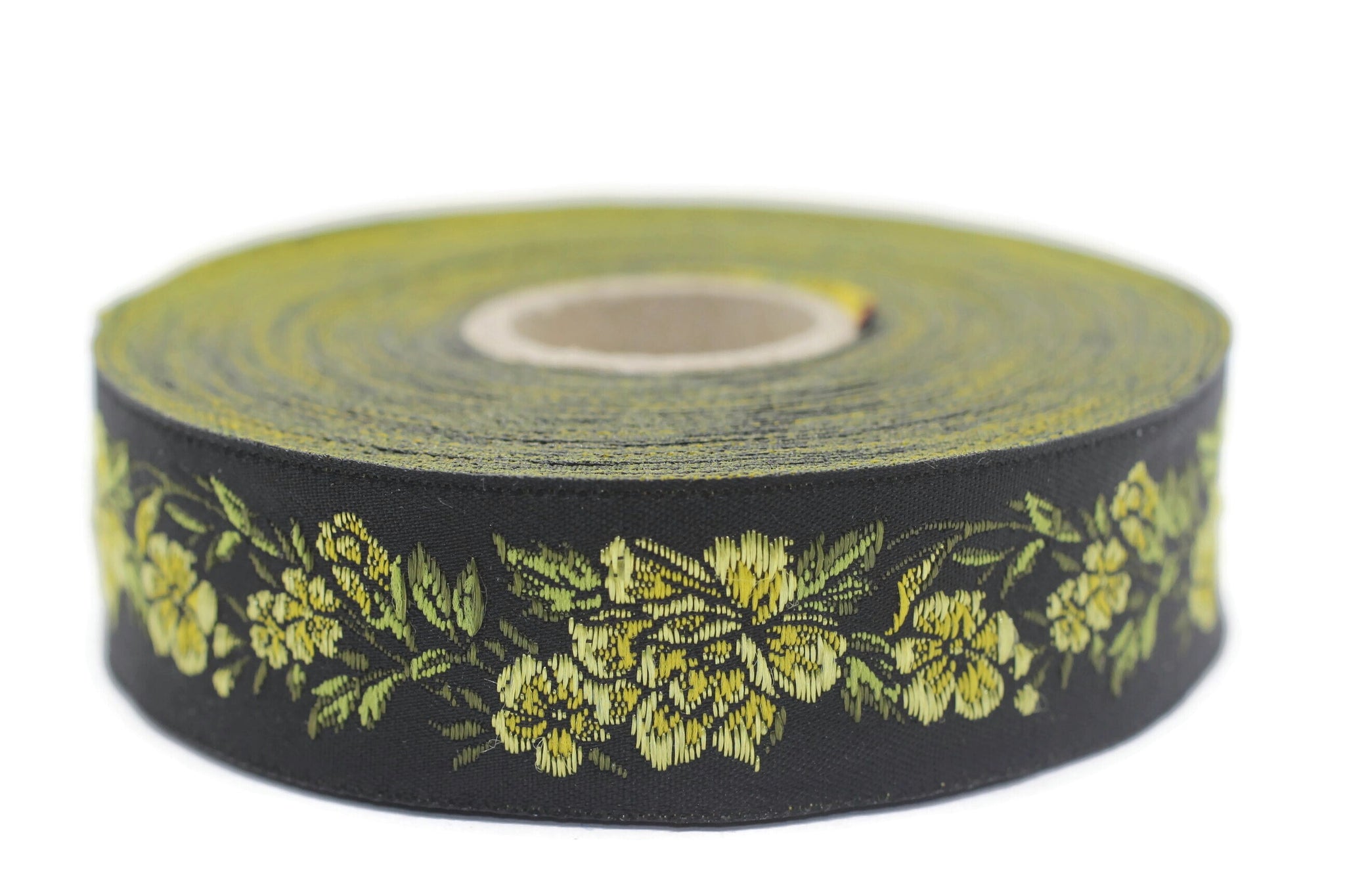 25 mm Yellow / Black Floral Jacquard trim (0.98 inches), vintage Ribbon, Decorative Craft Ribbon, Floral Jacquard Ribbon, Trim, 25096