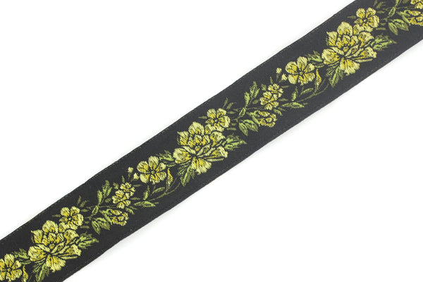 25 mm Yellow / Black Floral Jacquard trim (0.98 inches), vintage Ribbon, Decorative Craft Ribbon, Floral Jacquard Ribbon, Trim, 25096