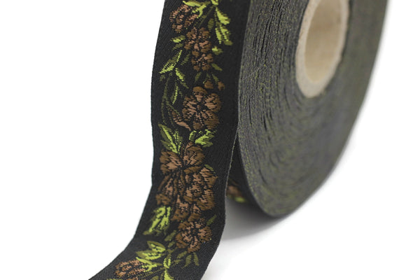 25 mm Brown / Black Floral Jacquard trim (0.98 inches, vintage Ribbon, Decorative Craft Ribbon, Floral Jacquard Ribbon Trim, ribbon, 25096