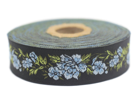 25 mm Sky Blue/Black Floral Jacquard trim, 0.98 inches, vintage Ribbon, Decorative Craft Ribbon, Floral Jacquard Ribbon, Trim, ribbon, 25096