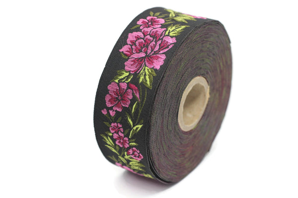 35 mm Pink / Black Floral Jacquard trims 1.37 inch, vintage Ribbon, Decorative Craft Ribbon, Floral Jacquard Ribbon, Jacquard Trim, 35096