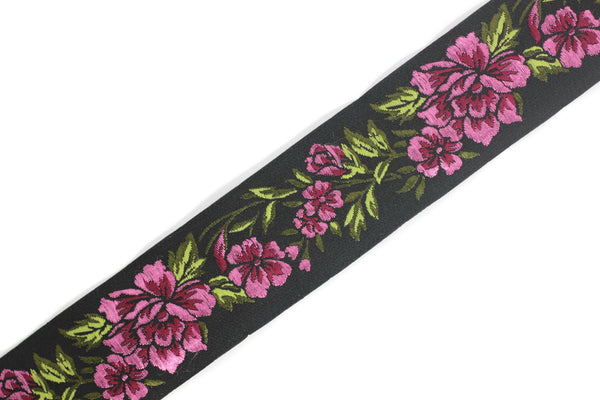35 mm Pink / Black Floral Jacquard trims 1.37 inch, vintage Ribbon, Decorative Craft Ribbon, Floral Jacquard Ribbon, Jacquard Trim, 35096