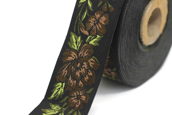 35 mm Brown / Black Floral Jacquard trim (1.37 inches, vintage Ribbon, Decorative Craft Ribbon, Floral Jacquard Ribbon, towel trim, 35096