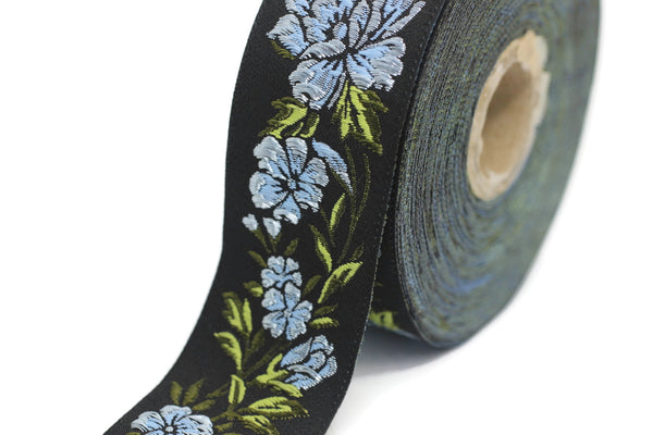 35 mm Sky Blue / Black Floral Jacquard trim (1.37 inches, vintage Ribbon, Decorative Craft Ribbon, Floral Jacquard Ribbon Trim, 35096