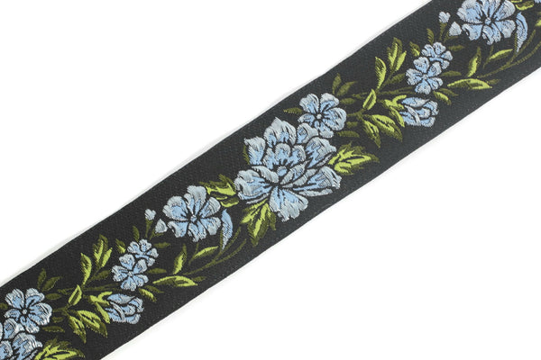 35 mm Sky Blue / Black Floral Jacquard trim (1.37 inches, vintage Ribbon, Decorative Craft Ribbon, Floral Jacquard Ribbon Trim, 35096