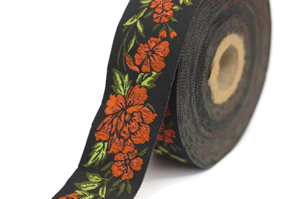 35 mm Orange / Black Floral Jacquard trim (1.37 inches, vintage Ribbon, Decorative Craft Ribbon, Floral Jacquard Ribbon, curtain trim, 35096