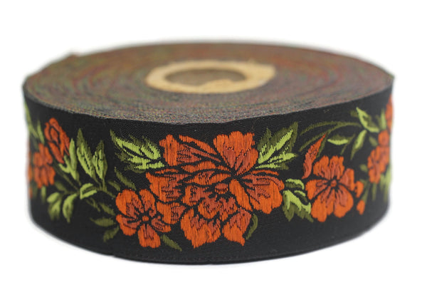 35 mm Orange / Black Floral Jacquard trim (1.37 inches, vintage Ribbon, Decorative Craft Ribbon, Floral Jacquard Ribbon, curtain trim, 35096