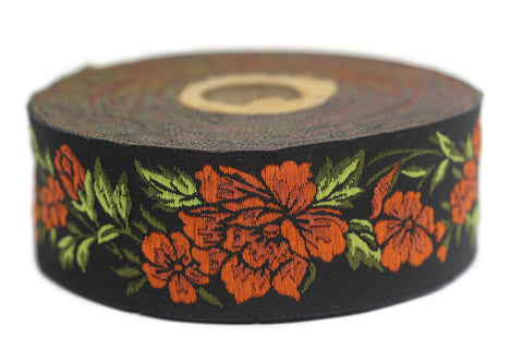 35 mm Orange / Black Floral Jacquard trim (1.37 inches, vintage Ribbon, Decorative Craft Ribbon, Floral Jacquard Ribbon, curtain trim, 35096
