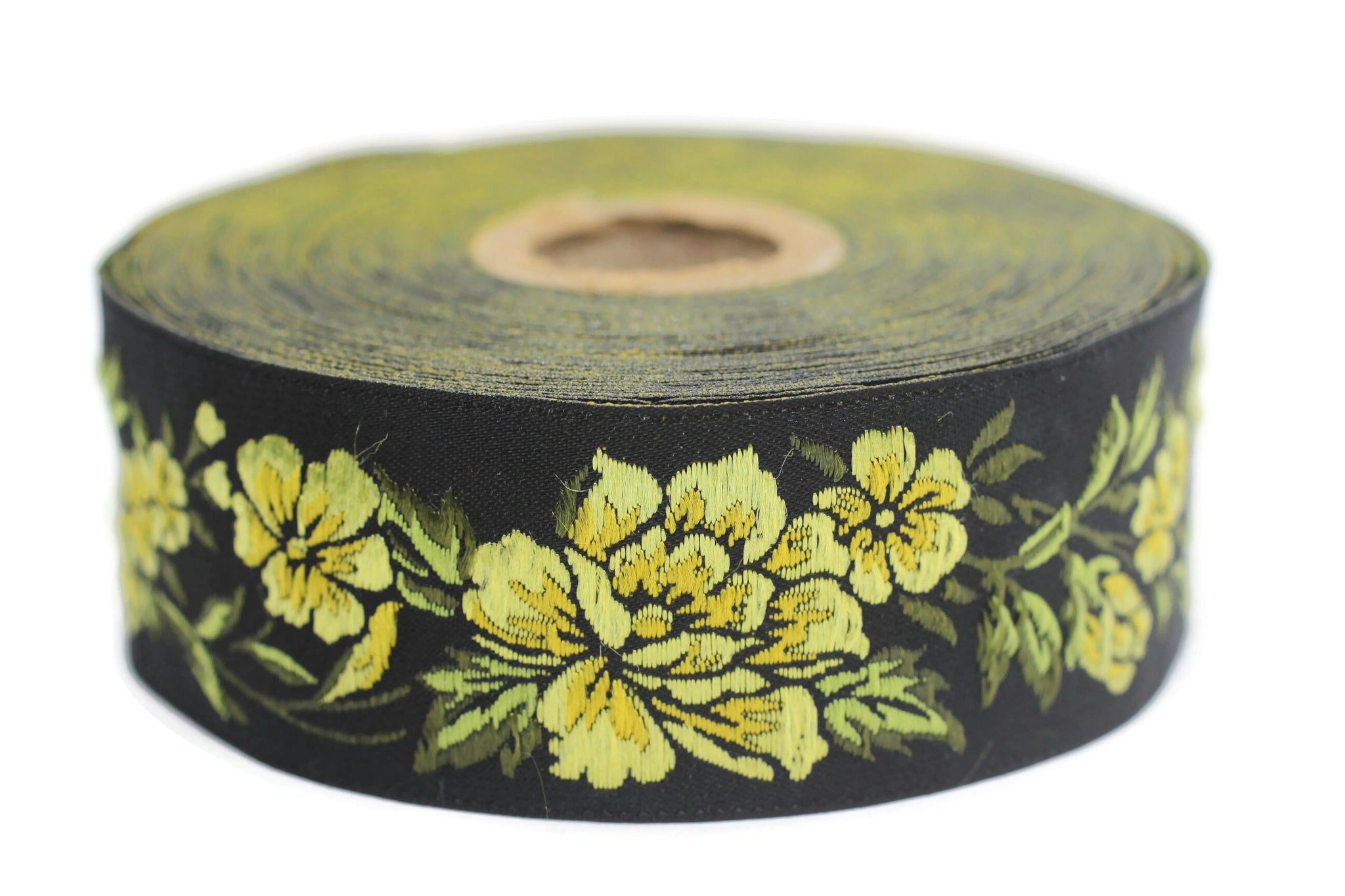 35 mm Yellow / Black Floral Jacquard trim (1.37 inches), vintage Ribbon, Decorative Craft Ribbon, Floral Jacquard Ribbon, towel trim, 35096