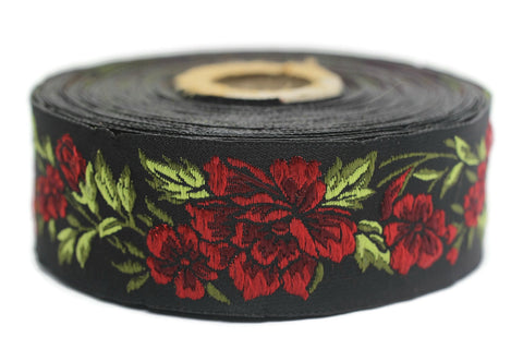 35 mm Red / Black Floral Jacquard trim (1.37 inches, vintage Ribbon, Decorative Craft Ribbon, Floral Jacquard Ribbon, towel trim, 35096
