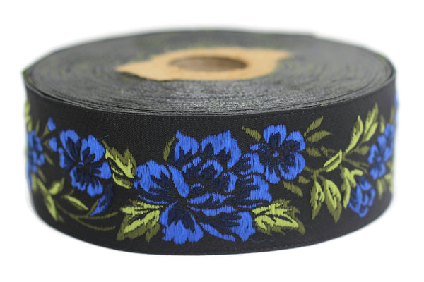 35 mm Blue / Black Floral Jacquard trim (1.37 inches, vintage Ribbon, Decorative Craft Ribbon, Floral Jacquard Ribbon, towel trim, 35096