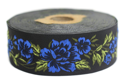 35 mm Blue / Black Floral Jacquard trim (1.37 inches, vintage Ribbon, Decorative Craft Ribbon, Floral Jacquard Ribbon, towel trim, 35096