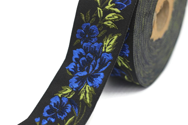 35 mm Blue / Black Floral Jacquard trim (1.37 inches, vintage Ribbon, Decorative Craft Ribbon, Floral Jacquard Ribbon, towel trim, 35096