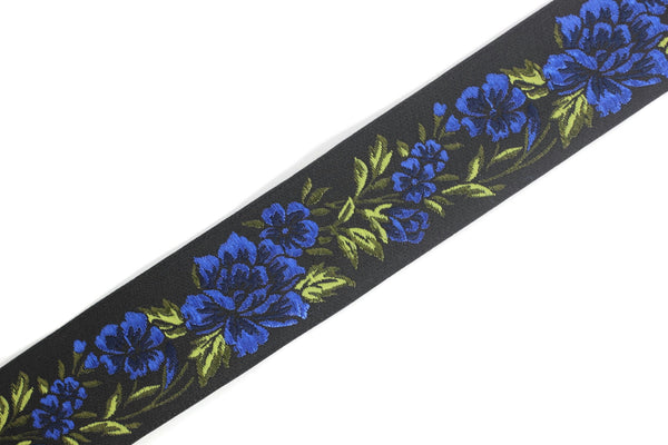 35 mm Blue / Black Floral Jacquard trim (1.37 inches, vintage Ribbon, Decorative Craft Ribbon, Floral Jacquard Ribbon, towel trim, 35096