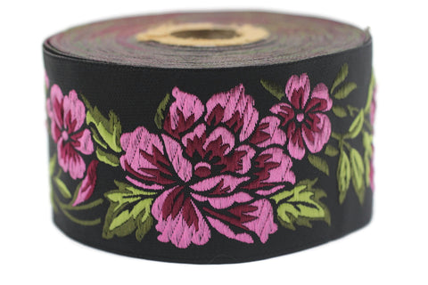 50 mm Pink/ Black Floral Jacquard trim (1.96 inches), vintage Ribbon, Decorative Craft Ribbon, Floral Jacquard Ribbon, Trim, 50096
