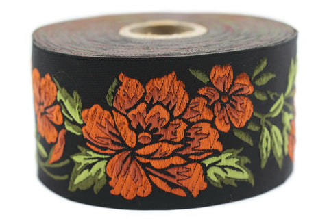50 mm Orange / Black Floral Jacquard trim (1.96 inches), vintage Ribbon, Decorative Craft Ribbon, Floral Jacquard Ribbon, Trim, 50096