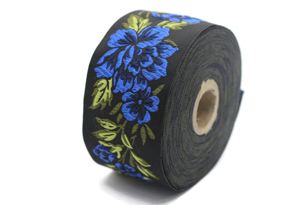 50 mm Blue/ Black Floral Jacquard trim (1.96 inches), vintage Ribbon, Decorative Craft Ribbon, Jacquard, Floral Jacquard Ribbon, Trim, 50096