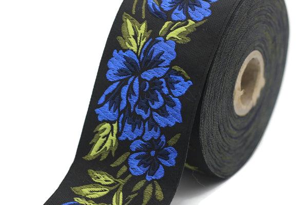 50 mm Blue/ Black Floral Jacquard trim (1.96 inches), vintage Ribbon, Decorative Craft Ribbon, Jacquard, Floral Jacquard Ribbon, Trim, 50096