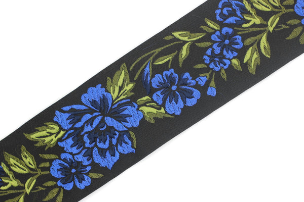 50 mm Blue/ Black Floral Jacquard trim (1.96 inches), vintage Ribbon, Decorative Craft Ribbon, Jacquard, Floral Jacquard Ribbon, Trim, 50096