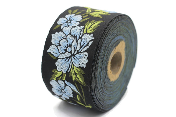 50 mm Sky Blue/ Black Floral Jacquard trim (1.96 inches), vintage Ribbon, Decorative Craft Ribbon, Floral Jacquard Ribbon, Trim, 50096