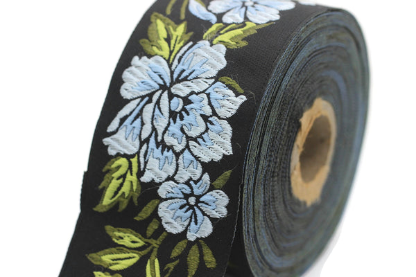 50 mm Sky Blue/ Black Floral Jacquard trim (1.96 inches), vintage Ribbon, Decorative Craft Ribbon, Floral Jacquard Ribbon, Trim, 50096