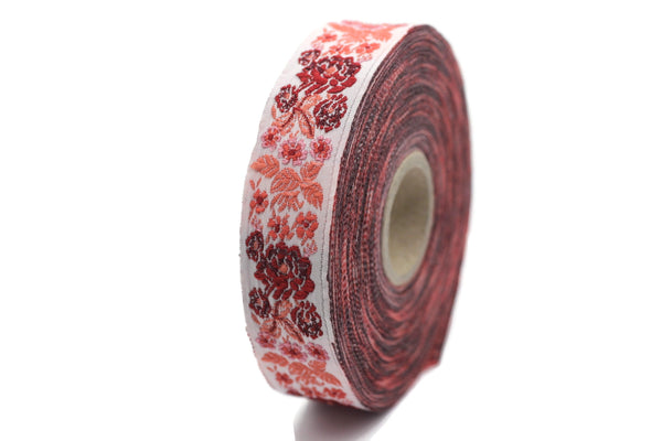 22 mm Red Floral Embroidered ribbon (0.86 inches), Vintage Jacquard, Floral ribbon, Sewing trim, Jacquard trim, Jacquard ribbon, 22097