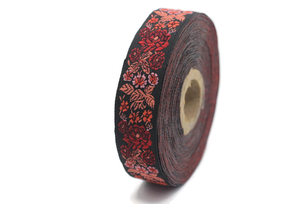 22 mm Red/Black Floral Embroidered ribbon (0.86 inches), Vintage Jacquard, Floral ribbon, Sewing trim, Jacquard trim, Jacquard ribbon, 22097
