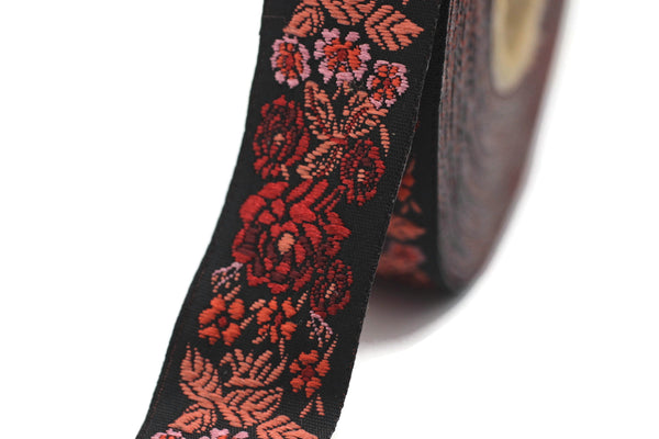 22 mm Red/Black Floral Embroidered ribbon (0.86 inches), Vintage Jacquard, Floral ribbon, Sewing trim, Jacquard trim, Jacquard ribbon, 22097