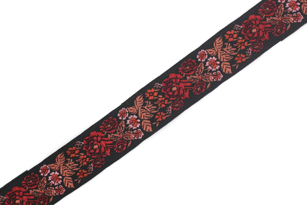 22 mm Red/Black Floral Embroidered ribbon (0.86 inches), Vintage Jacquard, Floral ribbon, Sewing trim, Jacquard trim, Jacquard ribbon, 22097
