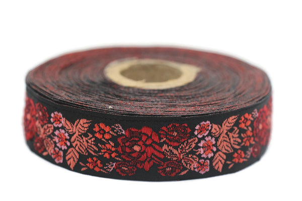 22 mm Red/Black Floral Embroidered ribbon (0.86 inches), Vintage Jacquard, Floral ribbon, Sewing trim, Jacquard trim, Jacquard ribbon, 22097