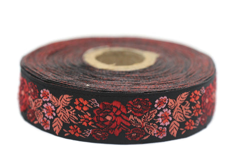 22 mm Red/Black Floral Embroidered ribbon (0.86 inches), Vintage Jacquard, Floral ribbon, Sewing trim, Jacquard trim, Jacquard ribbon, 22097