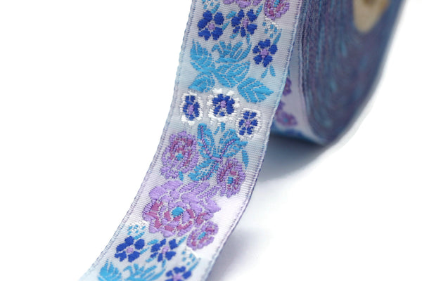 22 mm blue Floral Embroidered ribbon (0.86 inches), Vintage Jacquard, Floral ribbon, Sewing trim, Jacquard trim, Jacquard ribbon, 22097
