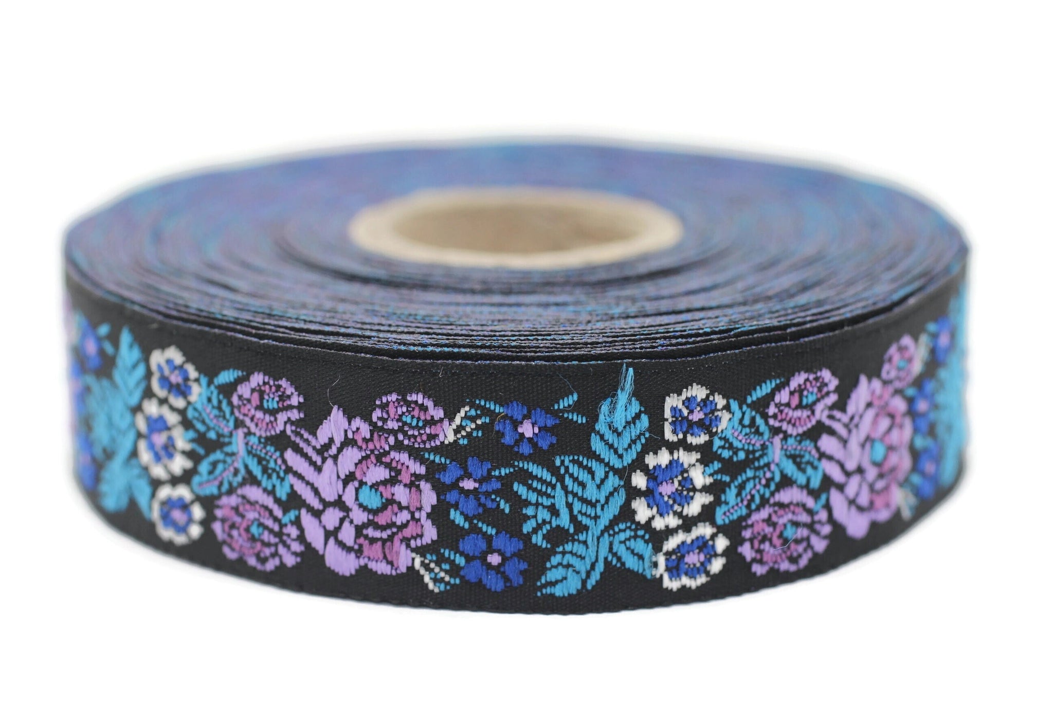 22mm Blue/Black Floral Embroidered ribbon (0.86 inches), Vintage Jacquard, Floral ribbon, Sewing trim, Jacquard trim, Jacquard ribbon, 22097